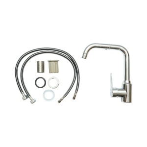 Baterie chiuveta bucatarie cu pipa rotativa 360 grade tip U, monocomanda, crom lucios, otel inoxidabil, furtunuri incluse - Img 2