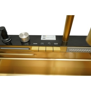 Chiuveta bucatarie multifunctionala din otel inoxidabil auriu PVD cu doua baterii, afisaj digital temperatura, doua cascade, dozator detergent, spalator pahare, scurgator, tava, tocator si accesorii incluse 75x46x22cm - Img 11