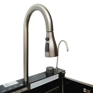 Chiuveta bucatarie multifunctionala din otel inoxidabil cu 2 cascade, afisaj digital temperatura, functie cascada, dozator sapun, spalator pahare, scurgator, tava, tocator si accesorii scurgere incluse, dimensiune 75x46x23.5cm - Img 9