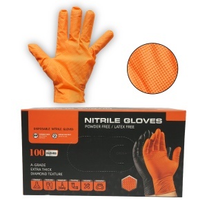 Manusi din nitril portocalii nepudrate cu textura diamond grip, marimea L 100 buc/cutie