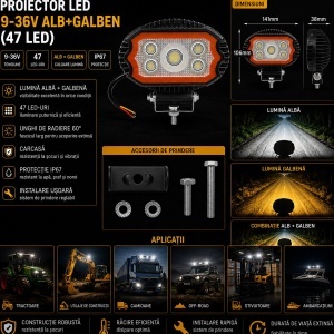 Proiector oval LED cu DRL 17W, 9-36V, 47 LED-uri, alb-galben, carcasa aluminiu 141x106x38mm IP67 Breckner Germany - Img 3