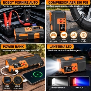 Robot pornire auto cu compresor aer portabil digital 150PSI, 12V, 120W, baterie Li-ion 8000mAh, Power Bank, lanterna LED, port USB/USB-C Breckner Germany - Img 5