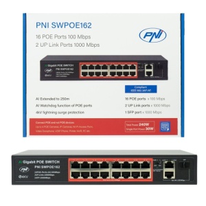 Switch POE PNI SWPOE162, 16 porturi POE 100 Mbps, 2 porturi UP Link 1000 Mbps, 1 port SFP 1000Mbps, 240W, functie AI Extend pana la 250m, protectie fulger 4kV - Img 3