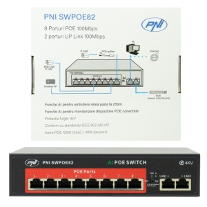 Switch POE PNI SWPOE82, 8 porturi POE 100 Mbps si 2 porturi UP Link 100 Mbps, 120W, functie AI Extend pana la 250m, protectie fulger 4kV - Img 2