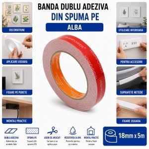 Banda dublu adeziva spuma alba PE 18mm x 5m HighPower - Img 4