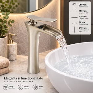 Baterie lavoar baie inalta Premium din cupru, pipa tip cascada, design rotund, monocomanda, argintiu satinat, furtunuri incluse - Img 7