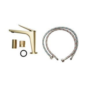 Baterie lavoar baie Premium din cupru, pipa lunga, design patrat, monocomanda, auriu mat, furtunuri incluse - Img 2