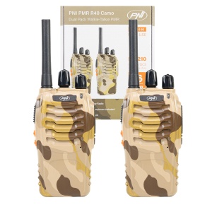 Bax cu 30 seturi Statie radio portabila PNI PMR R40 Camo, set cu 2 buc, 0.5W, 16 canale programabile, 16 PMR si tonuri 50 CTCSS si 104 DCS, ASQ, TOT, monitor, programabila, acumulatori 1200mAh, incarc