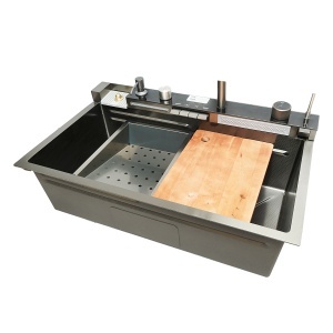 Chiuveta bucatarie multifunctionala din otel inoxidabil cu 2 cascade, afisaj digital temperatura, functie cascada, dozator sapun, spalator pahare, scurgator, tava, tocator si accesorii scurgere incluse, dimensiune 75x46x23.5cm - Img 6