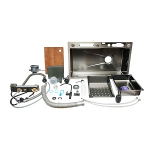 Chiuveta bucatarie multifunctionala din otel inoxidabil cu doua baterii, afisaj digital temperatura, functie cascada, dozator sapun, scurgator, tava, tocator si accesorii scurgere incluse, dimensiune 75x46x23.5cm - Img 3
