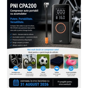 Compresor auto portabil cu acumulator PNI CPA200 20l/min, 150 PSI, ecran digital, oprire automata, husa, lanterna LED, functie power bank Li-Ion 1800mAh 20Wh, USB 5V 2A - Img 2