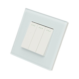 Intrerupator triplu cap scara alb incastrat 220V, 16AX, indicator luminos, rama sticla 86x86x34mm