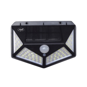 Lampa solara LED PNI GreenHouse WS10, 100 LED-uri, 600 lm, unghi PIR 120 grade, acumulator 1800 mAh, montaj pe perete