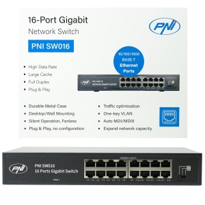 Pachet Switch PNI SW016, 16 x 10/100/1000 Mbps, Gigabit, carcasa metalica si patch 3m CAT8 PNI U8030W