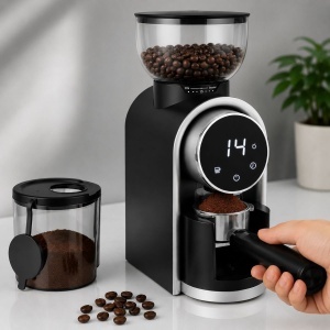 Rasnita electrica de cafea automata 150W, 220V, reglaj macinare 25 trepte, afisaj digital touch, bavuri conice, recipient boabe 250g