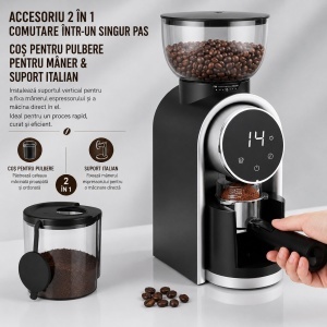 Rasnita electrica de cafea automata 150W, 220V, reglaj macinare 25 trepte, afisaj digital touch, bavuri conice, recipient boabe 250g - Img 6