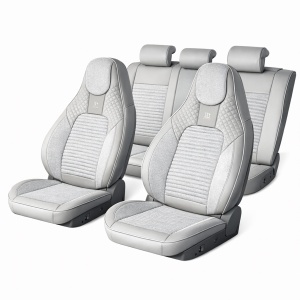 Set huse scaune auto Premium crem-gri universale, design sport ergonomic, piele ecologica cu insertii textile 11 piese