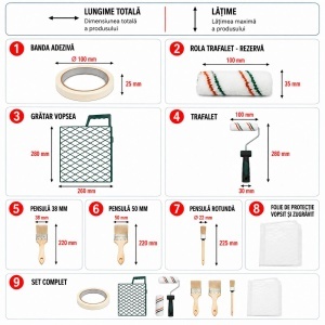 Set vopsit si zugravit cu trafalet 10cm, 2 role, 3 pensule, gratar, banda mascare, folie protectie 9 piese Breckner Germany - Img 3