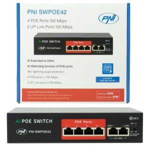 Switch POE PNI SWPOE42, 4 porturi POE 100 Mbps si 2 porturi UP Link 100 Mbps, 65W, functie AI Extend pana la 250m, protectie fulger 4kV - Img 3