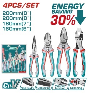 TOTAL - SET 4 CLESTI - CLESTE CU VARF ASCUTIT 6'', CLESTE TAIETOR 7'', PATENT 8", CLESTE UNIVERSAL 8