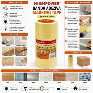Banda adeziva mascare uz general 48mm x 36m din hartie galbena HighPower - Img 4
