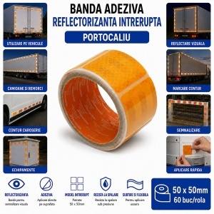Banda reflectorizanta portocalie intrerupta autoadeziva 50x50mm 60 buc/rola HighPower - Img 4
