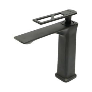 Baterie lavoar baie inalta patrata, monocomanda, negru mat, aliaj zinc, furtunuri incluse