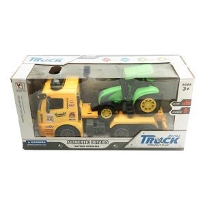 Camion galben cu detalii autentice de tip trailer pe baterii impreuna cu tractor verde de jucarie - Img 5