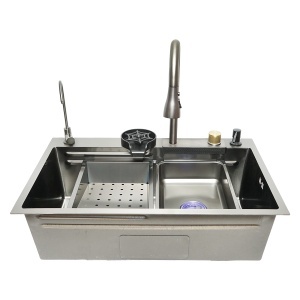 Chiuveta bucatarie multifunctionala din otel inoxidabil cu doua baterii, functie cascada, dozator sapun, spalator pahare, scurgator, tava, tocator si accesorii scurgere incluse, dimensiune 75x46x23.5cm