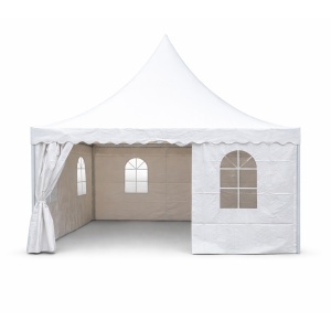 Cort evenimente pavilion tip pagoda 5x5m, alb impermeabil UV, acoperis PVC 750g/m2, cadru otel-aluminiu 48x48x2.5mm