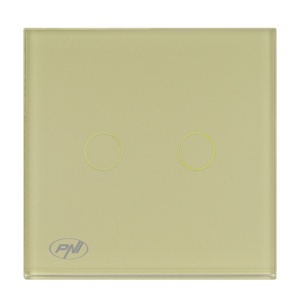 Intrerupator dublu cu touch PNI SH202G din sticla, gold cu LED indicator, culoare auriu