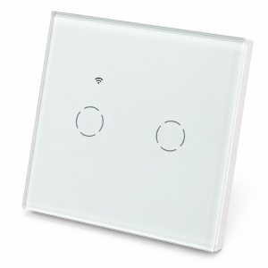 Intrerupator inteligent smart Wi-Fi touch dublu alb 220V, 2000W, rama sticla 86x86x33mm, aplicatie Tuya Smart Life, compatibil Alexa si Google Home