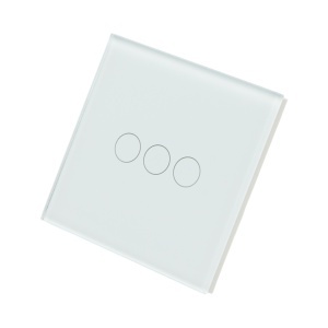 Intrerupator touch triplu cap scara alb 220V, indicator luminos, rama sticla 86x86x34mm - Img 1