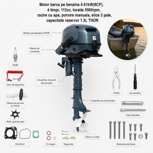 Motor barca pe benzina 4.41kW(6CP), 4 timpi, 112cc, turatie 5500rpm, racire cu apa, pornire manuala, elice 3 pale, capacitate rezervor 1.3L THOR