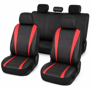Set huse scaune auto universale negru-rosu, material piele ecologica si textil 8 piese