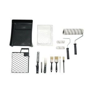 Set vopsit si zugravit cu trafaleti poliester 10cm, 25cm, 4 pensule, spaclu, mixer, tavita vopsea, gratar, folie protectie, cutter 15 piese Breckner Germany