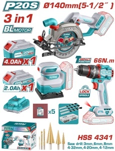 TOTAL - KIT COMBO 20V - FIERASTRAU CIRCULAR, MASINA DE GAURIT CU IMPACT, SLEFUITOR (INCLUDE 2 ACUMUL