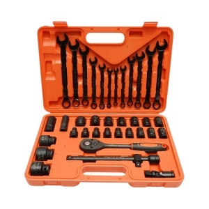 Trusa chei tubulare 8-32mm si chei combinate fixe-inelare 6-19mm, antrenor cu clichet, prelungitor T 250mm, cardan 1/2 inch Cr-V 37 piese Breckner Germany