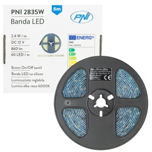Banda LED PNI 2835W, 300 LED-uri, alb rece 6000K, 860lm, dimabil, buton touch, alimentator 230V, silicon, 5 metri, IP65 - Img 2