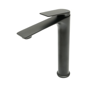 Baterie lavoar baie inalta Premium din cupru, pipa lunga, design rotund, monocomanda, negru mat, furtunuri incluse