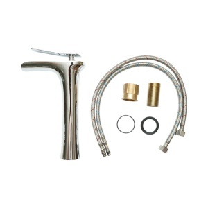 Baterie lavoar baie inalta Premium din cupru, pipa tip cascada, design rotund, monocomanda, crom lucios, furtunuri incluse - Img 2