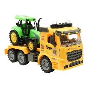 Camion galben cu detalii autentice de tip trailer pe baterii impreuna cu tractor verde de jucarie - Img 2