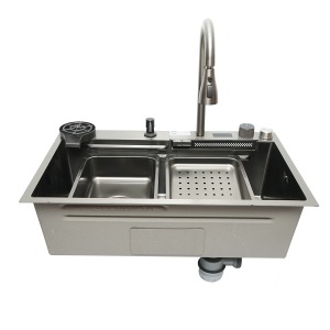 Chiuveta bucatarie multifunctionala din otel inoxidabil cu afisaj digital temperatura, functie cascada, spalator pahare, dozator sapun, scurgator, tava, tocator si accesorii incluse, dimensiune 75x46x23.5cm