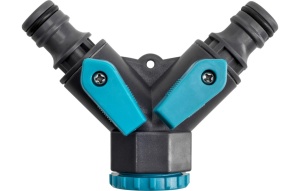 Distribuitor dublu Jufisto cu robinete, racord 1/2" și 3/4", ieșire 1/2", material unic