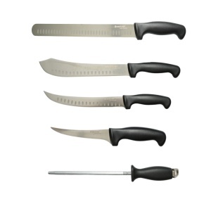 Set cutite macelarie profesionale 5 piese cu geanta, lama otel 5Cr15MoV, maner PP negru Breckner Germany - Img 3