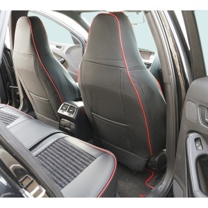 Set huse scaune auto Premium negru-rosu universale, design sport ergonomic, piele ecologica cu insertii textile 11 piese - Img 6