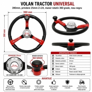 Volan tractor universal 390mm, prindere 25mm Z=24, maner rotativ 360 grade, rosu-negru Breckner Germany - Img 6