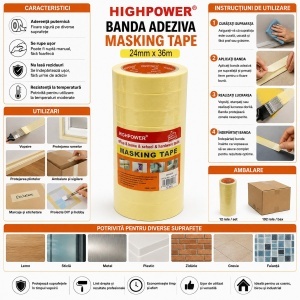 Banda adeziva mascare uz general 24mm x 36m din hartie galbena HighPower - Img 4