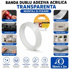 Banda dublu adeziva acrilica transparenta ranforsata 18mm x 3m HighPower - Img 4