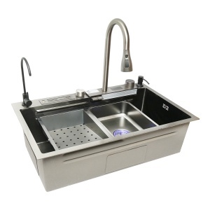 Chiuveta bucatarie multifunctionala din otel inoxidabil cu doua baterii, afisaj digital temperatura, functie cascada, dozator sapun, scurgator, tava, tocator si accesorii scurgere incluse, dimensiune 75x46x23.5cm - Img 4